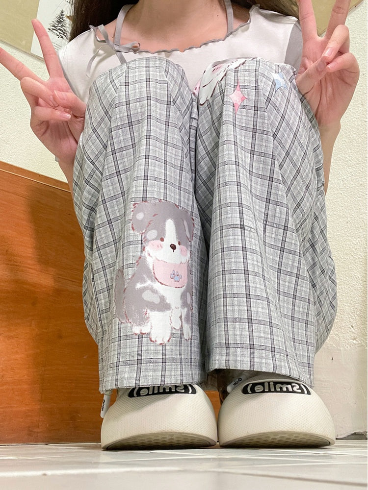 Regular/Short Lace Grey Plaid Puppy Print Heart Button Version Wide-Leg Pants Trim