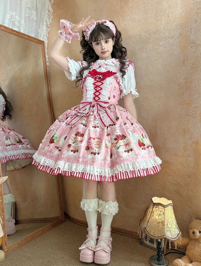 Bows Sweet Skirt and Dessert Lolita Jumper Print Strawberry Pink