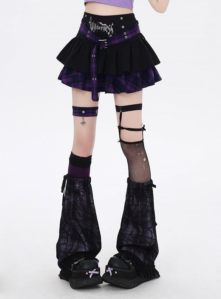 Lined Y2K Belt Purple Plaid Buckle Design Black and Garter Tiered Skirt with Cross