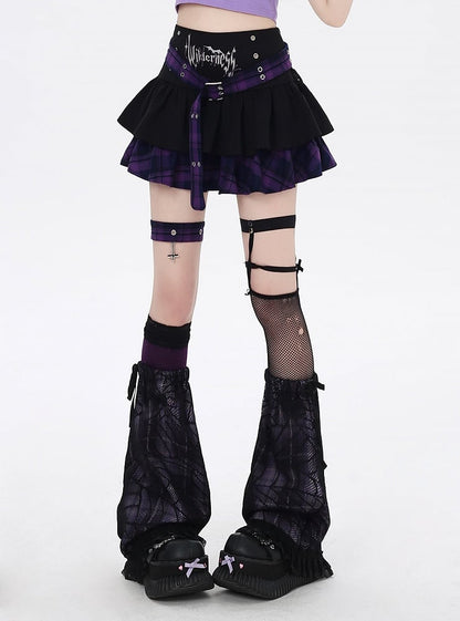 Lined Y2K Belt Purple Plaid Buckle Design Black and Garter Tiered Skirt with Cross