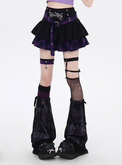 Garter Purple Plaid Buckle Y2K Lined Tiered Skirt with Cross and Design Black Belt