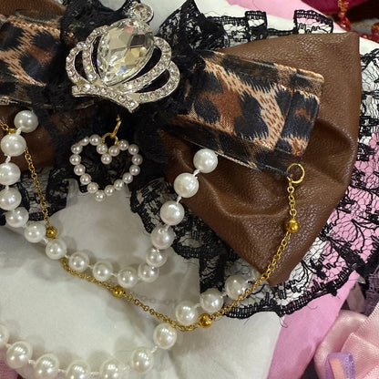 Rhinestone Hairclip Beaded Lace Pattern Trim Bowknot BlackBrown Crown Decorated Charm Leopard