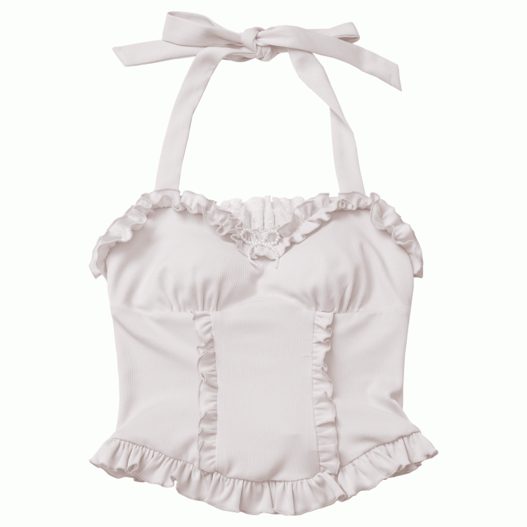 with Detachable Halter Top Apricot Ruffle Trim Beaded Bowknot Self-tie Padded Cups