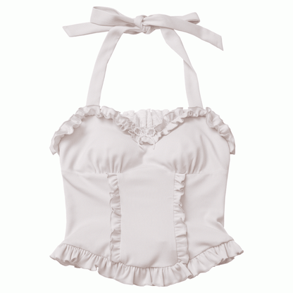 with Detachable Halter Top Apricot Ruffle Trim Beaded Bowknot Self-tie Padded Cups