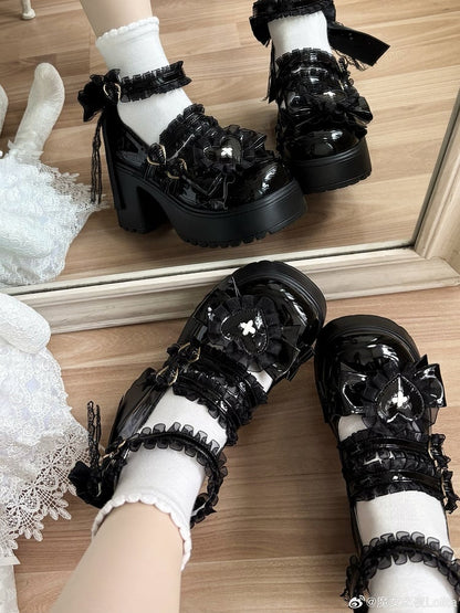 High Shoes Kei Style with Black Platform PU Heel Jirai Block Leather -