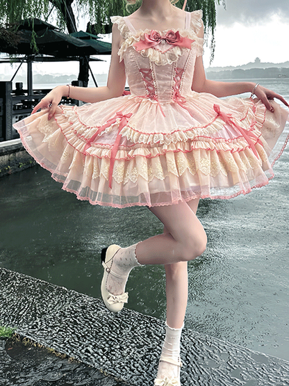 Bow Sweet Lolita Dress Flutter Pink Lace-up Bodice High Waist Sleeves with Big Jumper Skirt Detachable