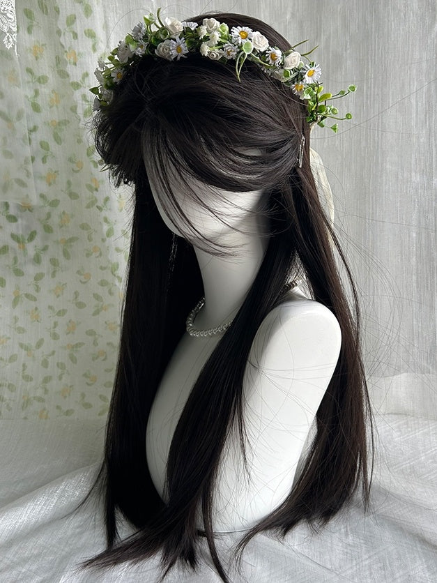 Black Tea Waist Length Straight Synthetic Wig With Curtain Bangs