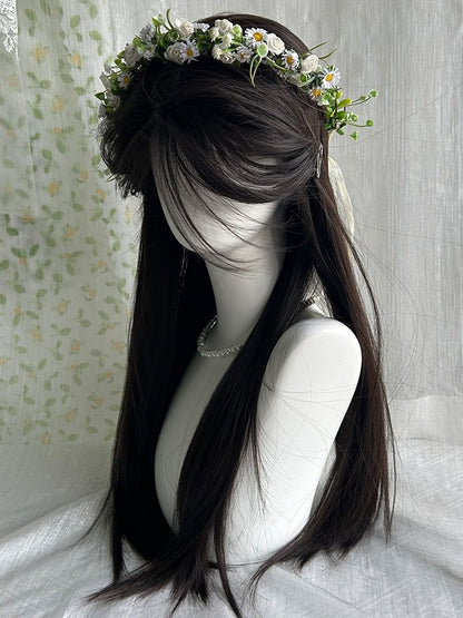 Black Tea Waist Length Straight Synthetic Wig With Curtain Bangs