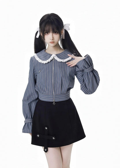Blue&White Striped Pattern Lace Trim Peter Pan Collar Thicken Blouse