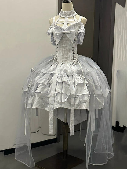 with Lace-ups Ovarlay Gothic Corset Dress Design Detachable and Skirt Silver Bow Lolita Big Birdcage Waist