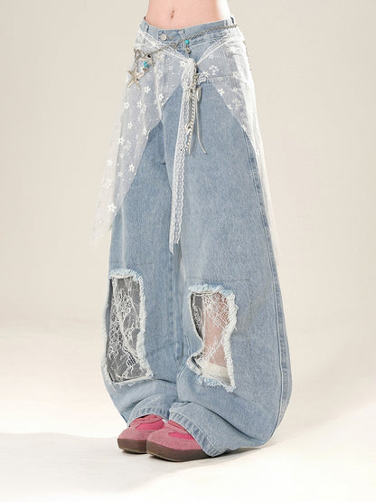 Lace Waist Accessory Patches Blue Low Wide-Leg Jeans with Waist Distressed Holes