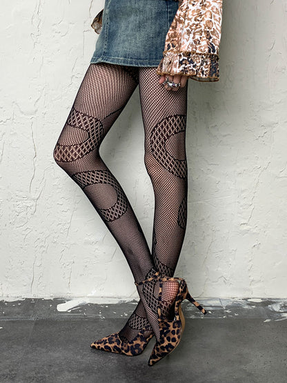 Black Y2K Snake Pattern Hollow-out Tights