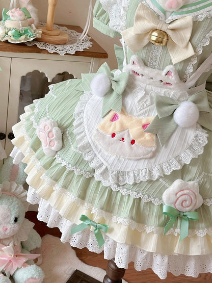 Heart Lolita Green Apron with Maid Matcha Collar Sweet Sailor Kitty-themed Dress