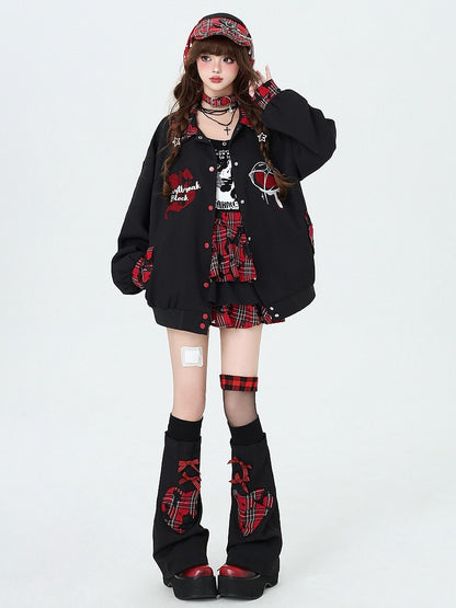 Rock Sleeves Chain Black Leg Red Plaid with Punk Decorated Tiered and Skirt Free