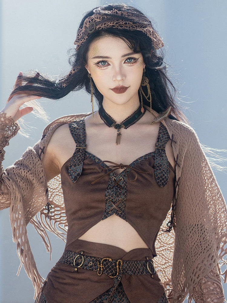 Black with Dark Green Tassels Choker Lace Steampunk