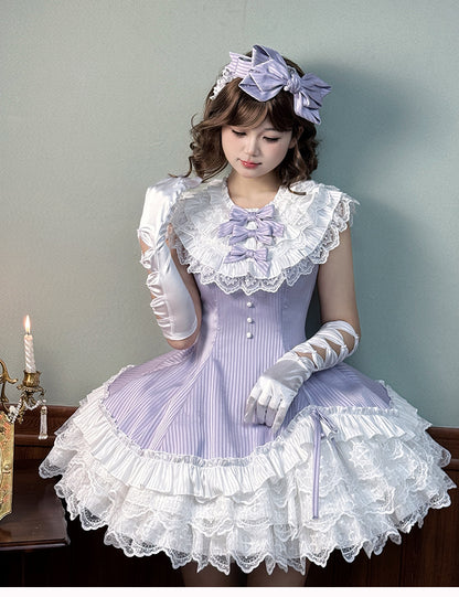 Purple Striped Fabric Slim Fit Waist White Layered Ruffle Neck Sweet Lolita Sleeveless Dress