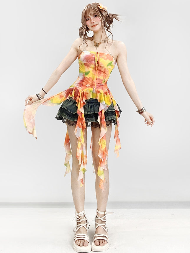 Print Top Ruffle Accents Orange Tube Holiday Floral Cascading