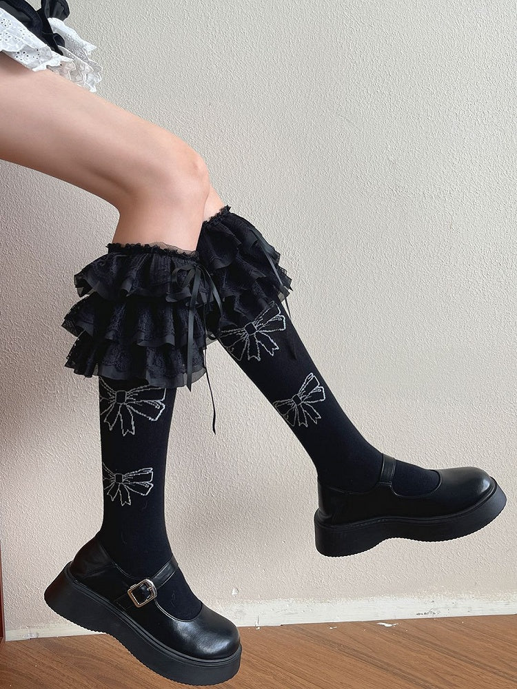 Weiße/schwarze Strümpfe mit Schleife und Spitzenbesatz, Lolita-Unterknöchel