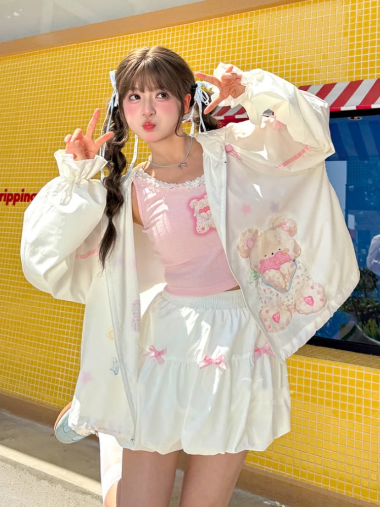 Pink Bowknots White Elastic Waist Bubble Skirt