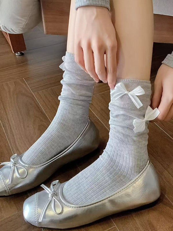 Details Bowknot Black/White/Beige/Gray Lolita Socks Calf