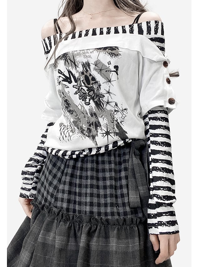 Striped Sleeves WhiteBlack Top Design Print Pattern Neckline Long Off-the-shoulder