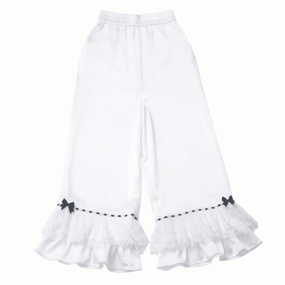 White Elastic Waist Bowknot Tiered Ruffled Cuffs Casual Pants Details