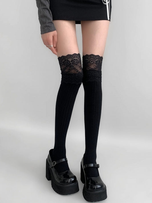 Lace Gray/Beige/Light Gray White/Black/Dark Knitted Over-knee Trim Stockings