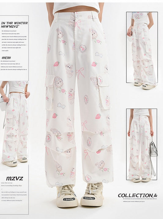 Cuffs Adorable Kitty Print Cargo Pockets Drawstring White Wide-Leg Pants
