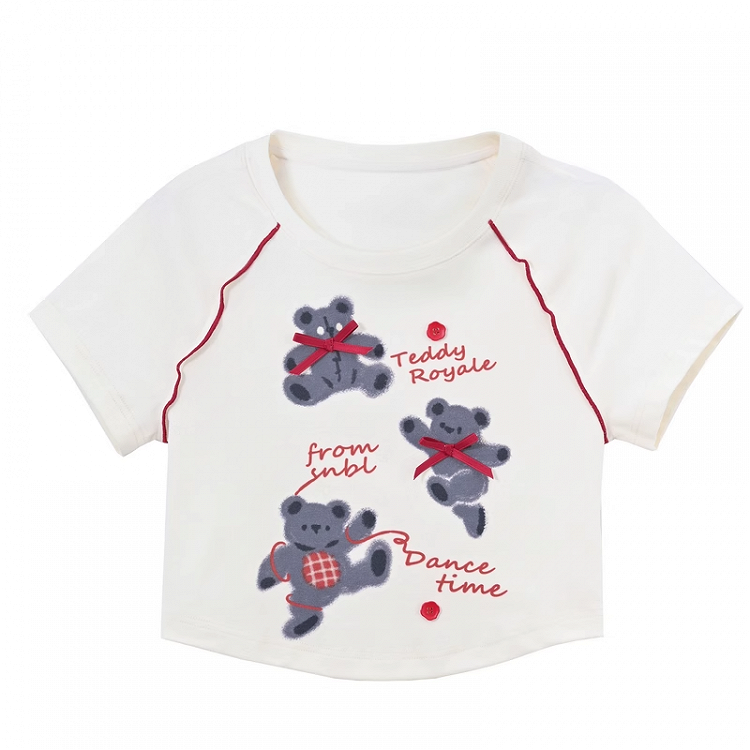 T-Shirt Short/Long White Round Neck Bear Print Version