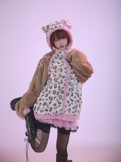 Brown and Pink Leopard Kitty Ears Hooded Plush Jacket