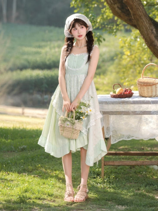 Sleeveless Dress Floral Cottagecore Asymmetrical Patchwork Design Mori Kei Green Plaid