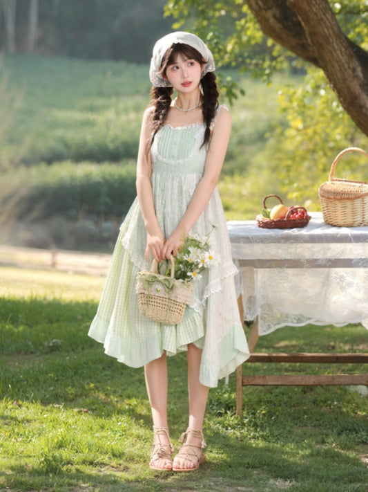 Asymmetrical Patchwork Design Cottagecore Mori Kei Green Plaid Sleeveless Dress Floral