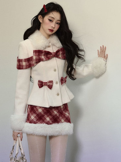 Apricot Plaid Bow Accents Woolen Jacket