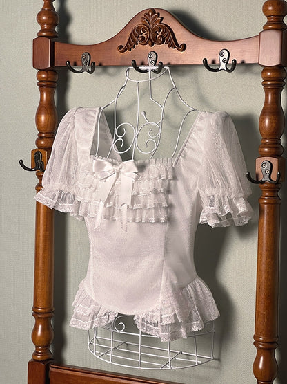 White Square Neckline Short Sleeves Blouse