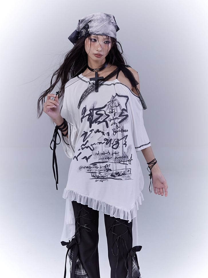 Graphic T-Shirt with Waist Hem White Asymmetrical Neckline Ruffle Strap Self-tie