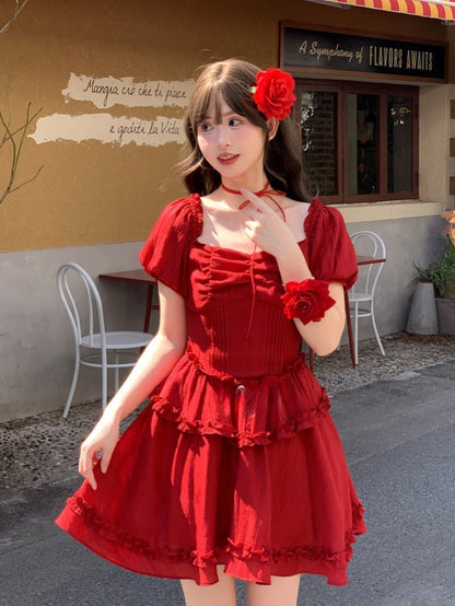 Pleating Waist Hem Details Vintage Dress Red Square Neckline Puff Sleeves Ruffle