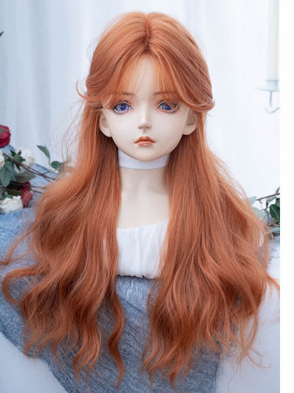 Orange Long Wavy Synthetic Wig With Curtain Bangs
