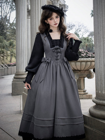 Black and Gray Elegant Square Neckline Spring Long Bishop Sleeves Lolita Dress