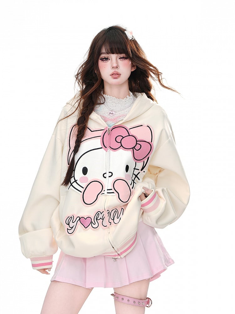 Apricot/Black Kitty Embroidery Oversized Zip Closure Hoodie