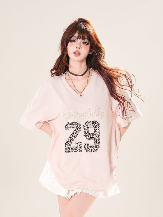 Pink Beaded Letter Leopard Pattern Number V-Neck T-Shirt