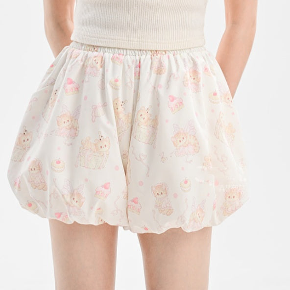 Beige Elastic Bubble Shorts Print Allover Kitty Waist