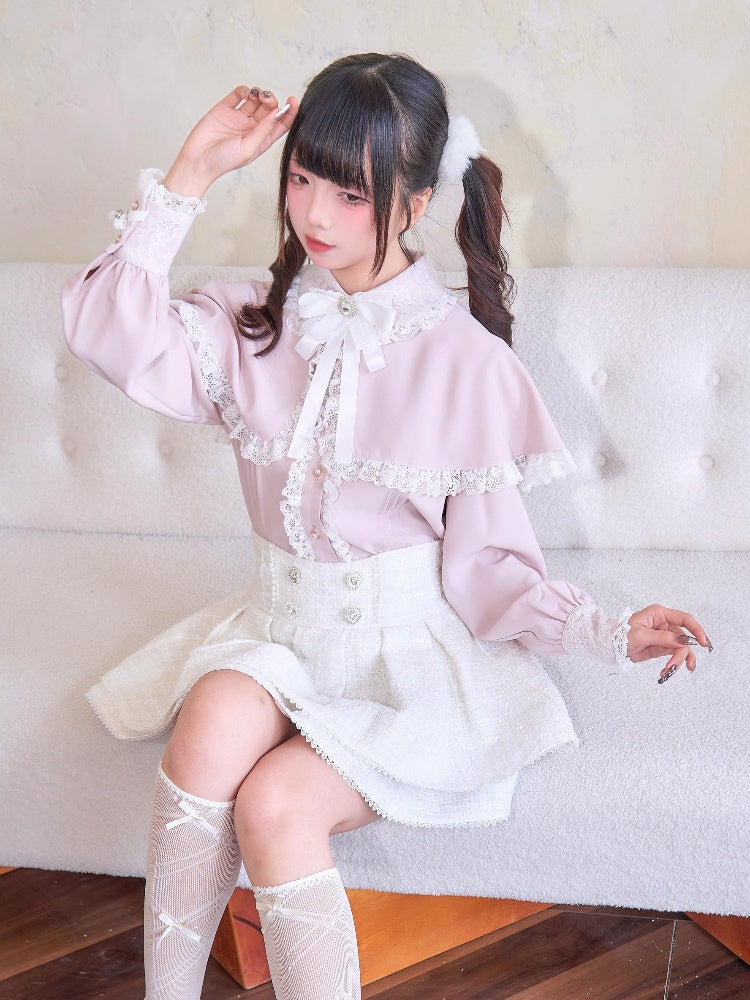 Waist White Jirai Kei Heart Rhinestones High Skirt Tweed