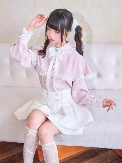Waist White Jirai Kei Heart Rhinestones High Skirt Tweed