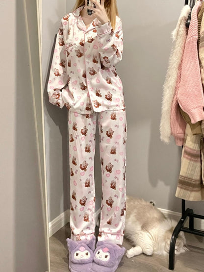 White Pink Cute Red Panda Print Pajama Set