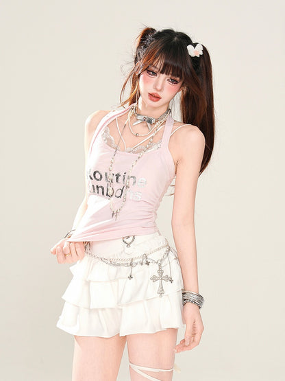 Pink Halter Neck Letter Print Glamorous Sleeveless Top
