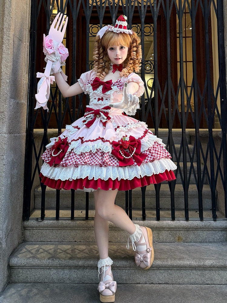 Robe Lolita Sweet Lolita à jupe à volants décorée de nœuds papillons roses et rouges