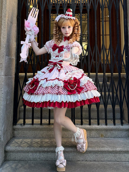 Robe Lolita Sweet Lolita à jupe à volants décorée de nœuds papillons roses et rouges