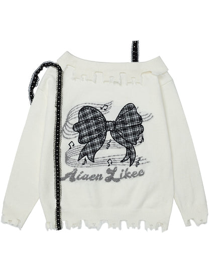 Pink/Black/White Bowknot Applique Asymmetrical Neckline Sweater Distress Trim