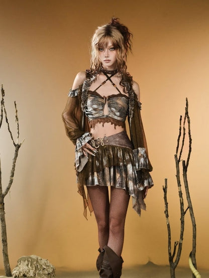 Design Hem Asymmetrical Snakeskin Y2K Skirt Brown