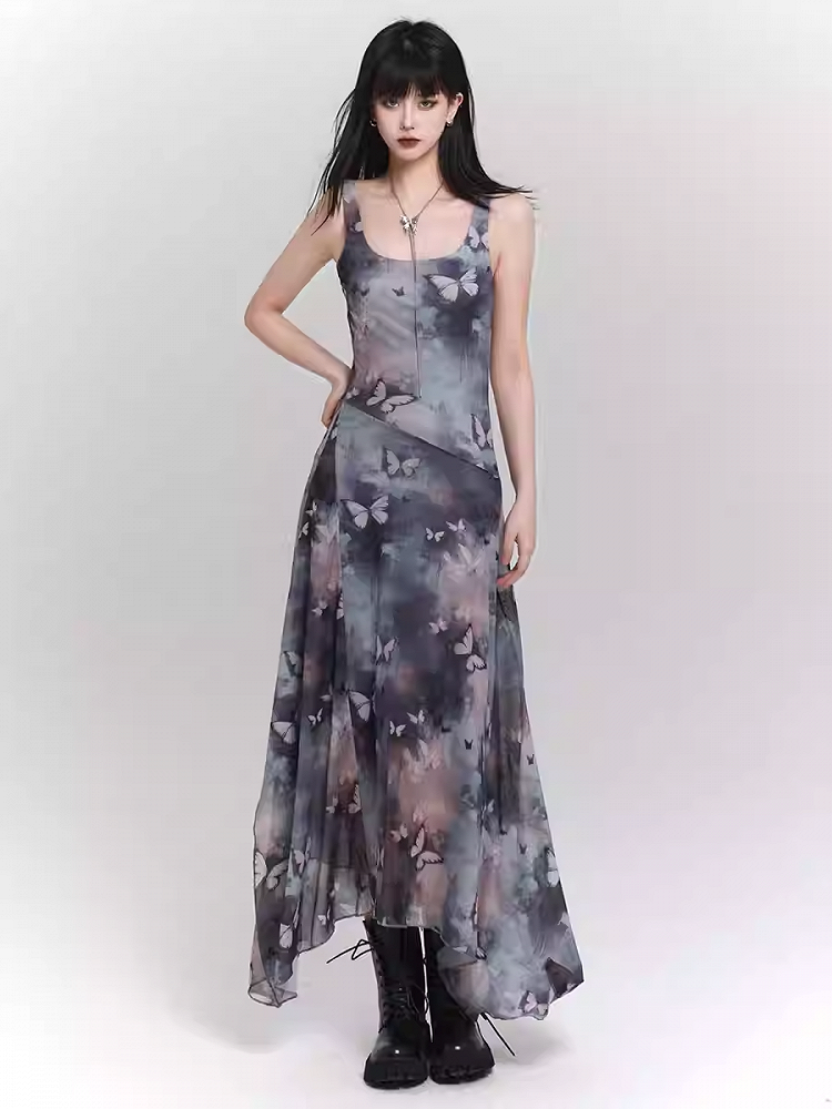 Robe sans manches à ourlet asymétrique et imprimé papillon bleu et violet